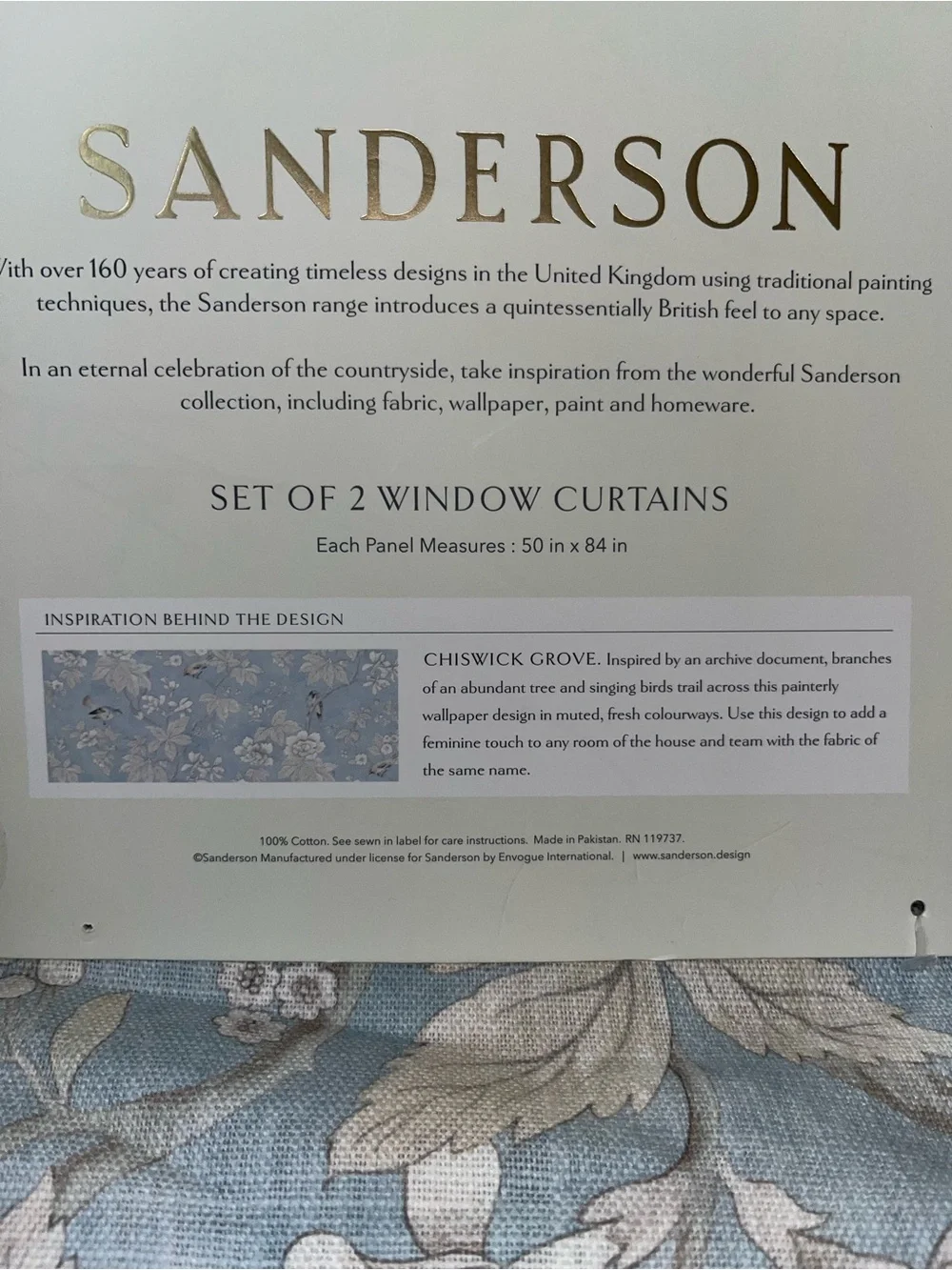 NWT Sanderson Chiswick Grove Floral Bird design Drapes 2 Panels Size 50